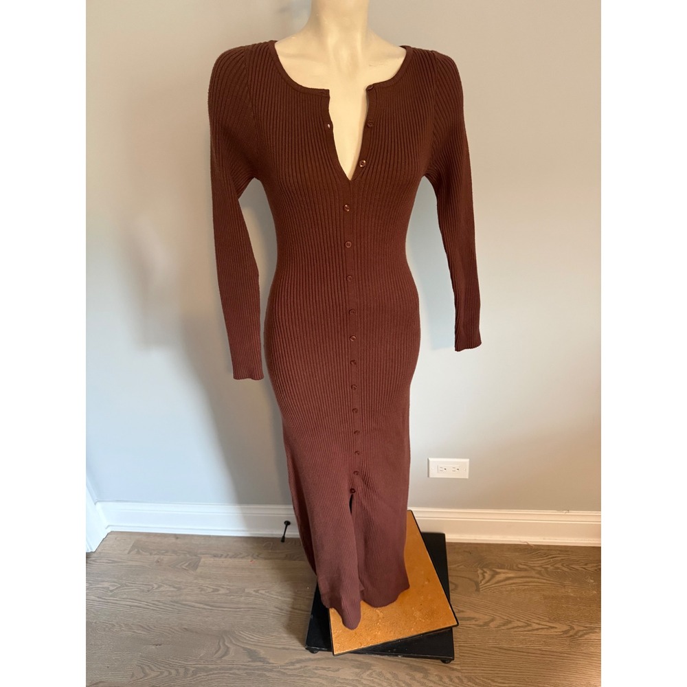 Petal + Pup Brown Ribbed Knit Button Front Maxi Dress Long Sleeve Large